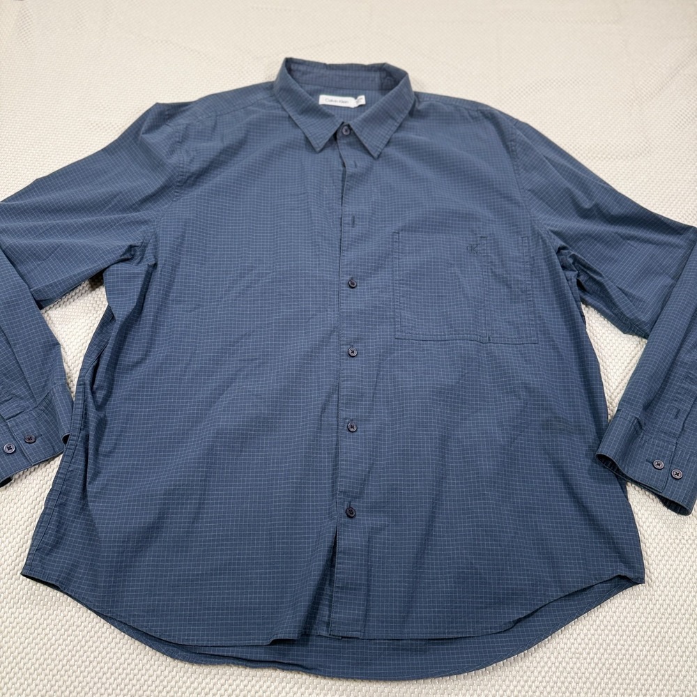 Calvin Klein Men's XXL Blue Check Long Sleeve Button Front Shirt CK Pocket